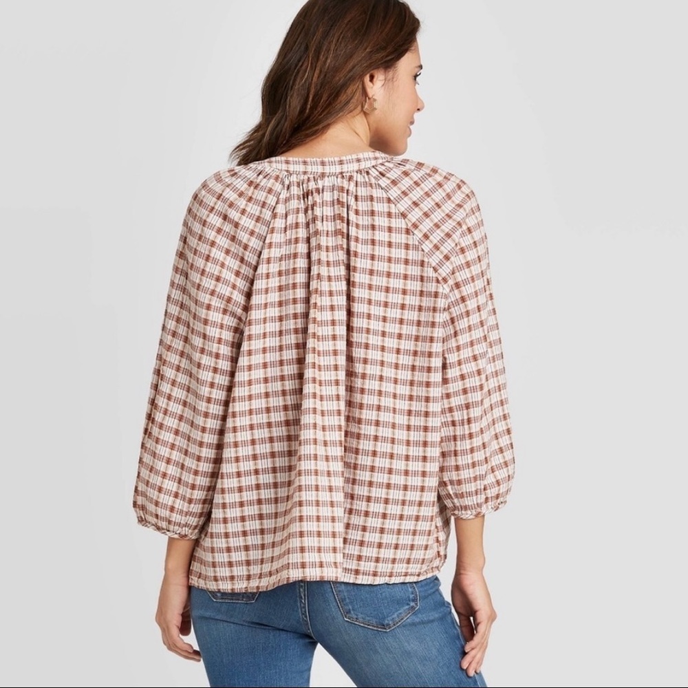Universal Thread Plaid V-Neck Boho Peasant Blouse Size Extra Small - Picture 3 of 16